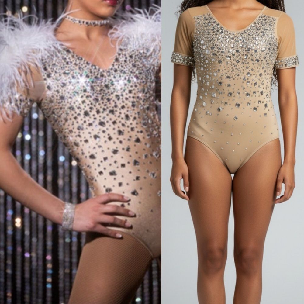 Glamour solo Crystal rhinestone dance costume tan beige LA adult (no feathers)